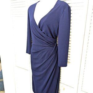Ralph Lauren Navy Blue Faux Wrap Dress Size 12 Knit Fully Lined Long Sleeve